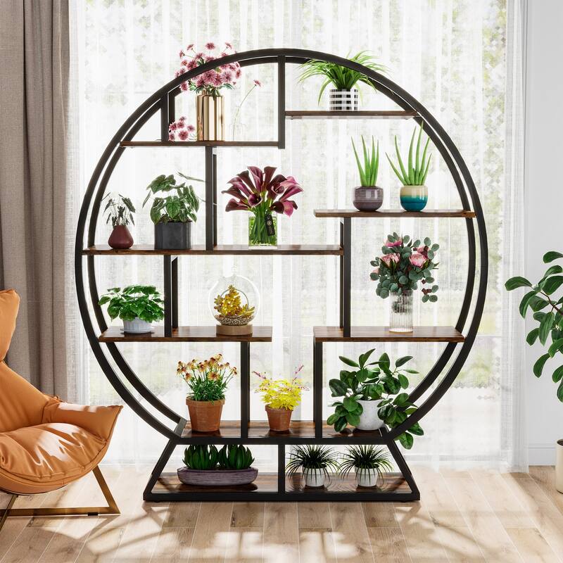 Round Plant Stand, Rustic 63 Inch Potted Plants Holder Flower Rack - Rustic Brown