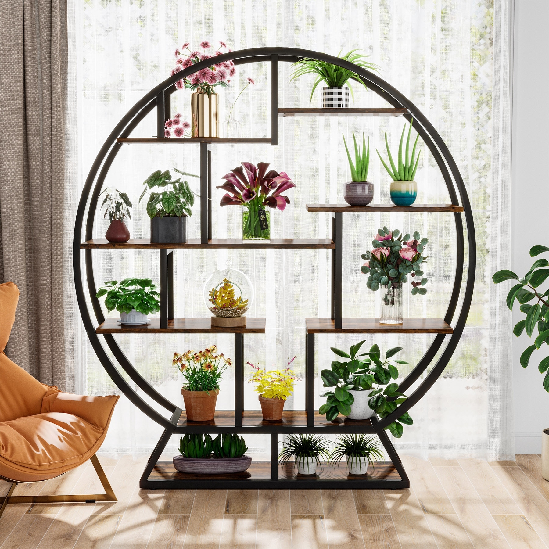 Round Plant Stand, Rustic 63 Inch Potted Plants Holder Flower Rack