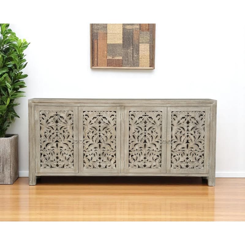 HomeRoots 78" Gray Distressed Solid Wood Carved Floral Sideboard with Four Doors - 78.00 in. x 36.00 in. x 16.00 in. - 78.00 in. x 36.00 in.  x 16.00 in.