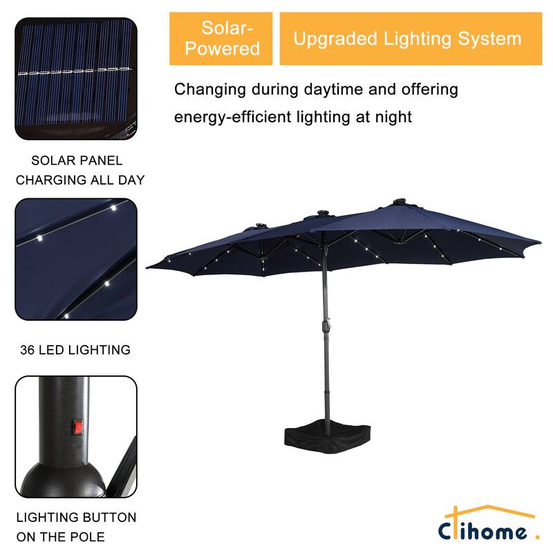 Clihome 15FT Double-Sided Solar Light Market Crank Umbrella with Base