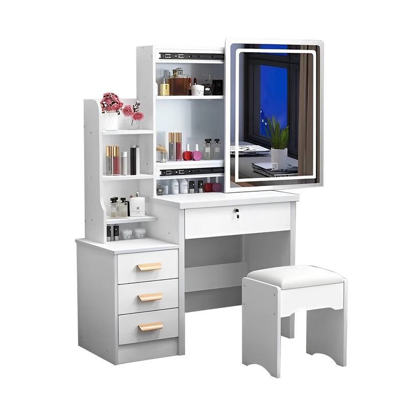 Modern Vanity Desk with LED Light Mirror and Uphoslsted Stool Set, 3 Color Lighting Brightness Adjustable, 4 Drawers - White