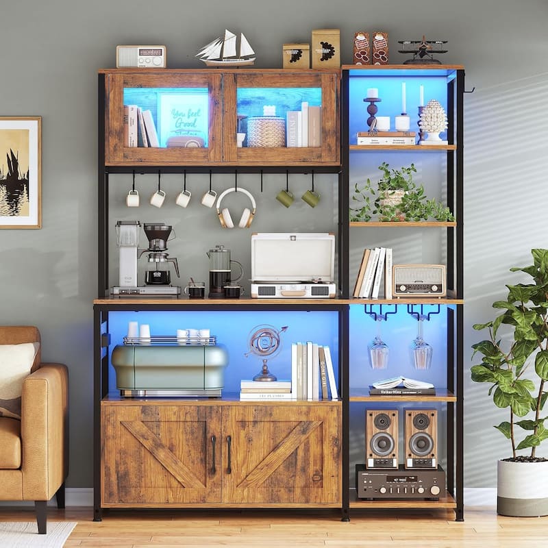 Bakers Rack for Kitchen with Storage Coffee Bar Cabinet - Brown