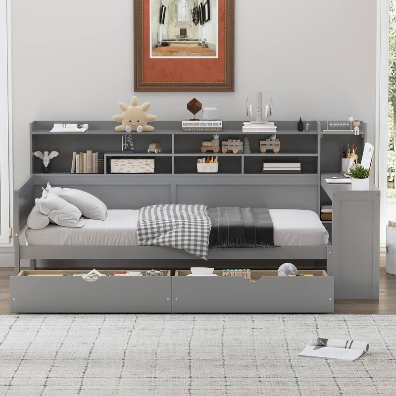 Twin Size Wooden Daybed Platform Bed with Recessed Desk Storage Shelves and 2 Drawers Under Bed for Compact Spaces, Bedroom