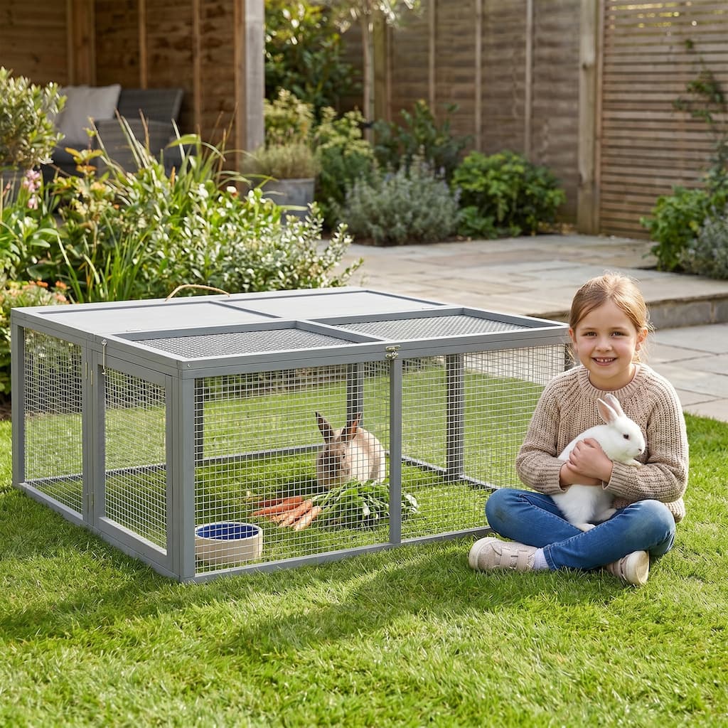 PawHut Gray Folding Portable Wooden Rabbit Hutch Bunny Guinea Pig Cage