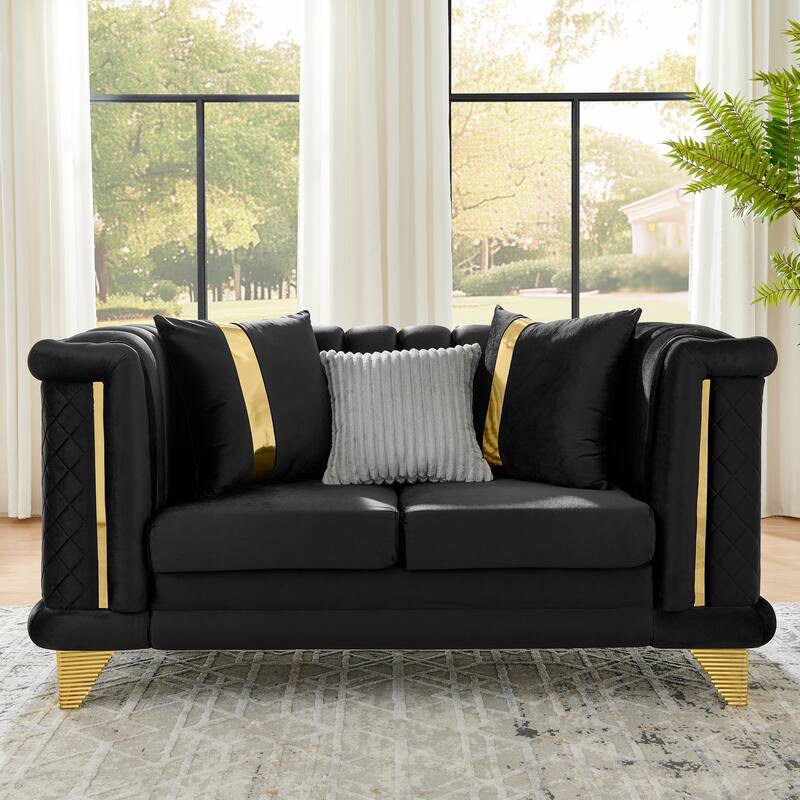 69 Inches Black Velvet Loveseat with Gold Stainless Steel Trims and Embroidered Texture