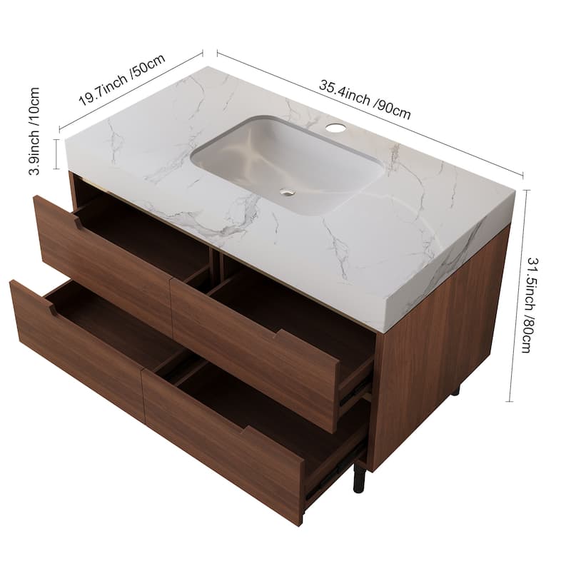 35.4" Farmhouse Bathroom Vanity with Sintered Stone Top, Undermount Sink, 4 Soft-Close Drawers, Free-Standing or Wall Mounted