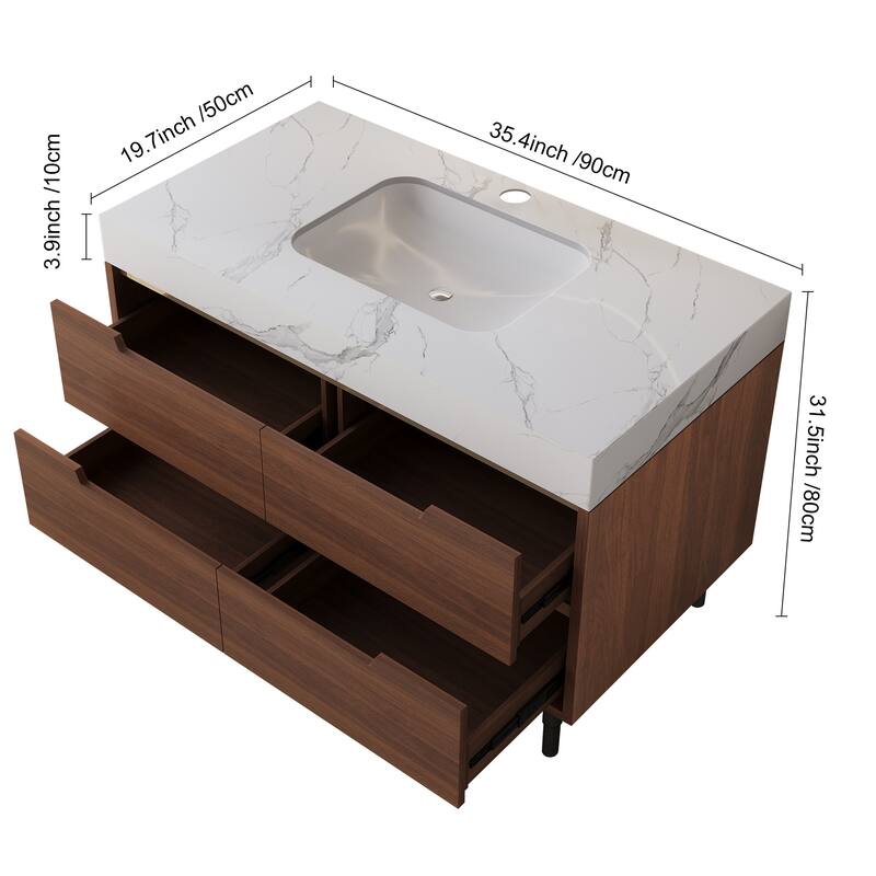 35.4" Farmhouse Floating Bathroom Vanity - Sintered Stone Top with Undermount Sink, 4 Drawers, Wall-Mounted