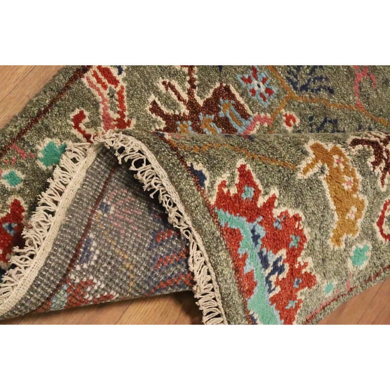 Hand Knotted Oriental 100% Wool Carpet Transitional All-Over Green Oushak Runner Rug - 8' 1'' X 2' 7''