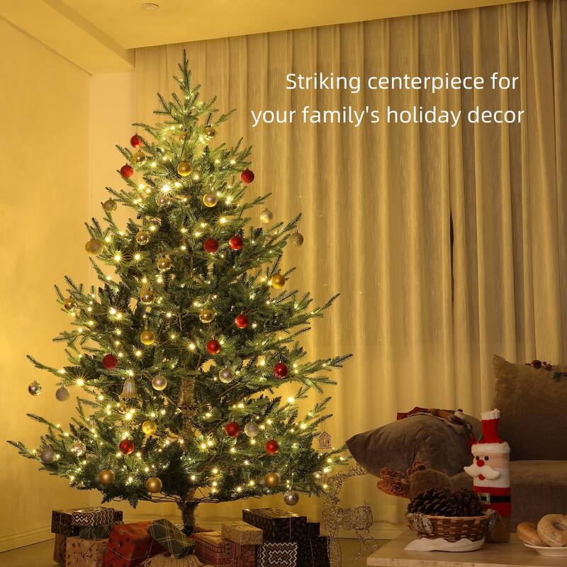 7.5ft Artificial Nordic Pine Christmas Tree with 300 LED Lights and 11 Light Modes, Xmas Tree with Wide Base for Holiday Party