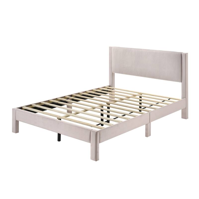 Twin Size Upholstered Platform Bed with Ribbed Plush Headboard, Low-Profile Frame for Youth Bedrooms