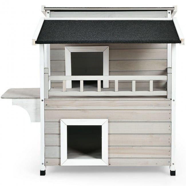 2-Story Wooden Patio Luxurious Cat Shelter House Condo with Large Balcony - 28" x 36" x 33" (L x W x H)