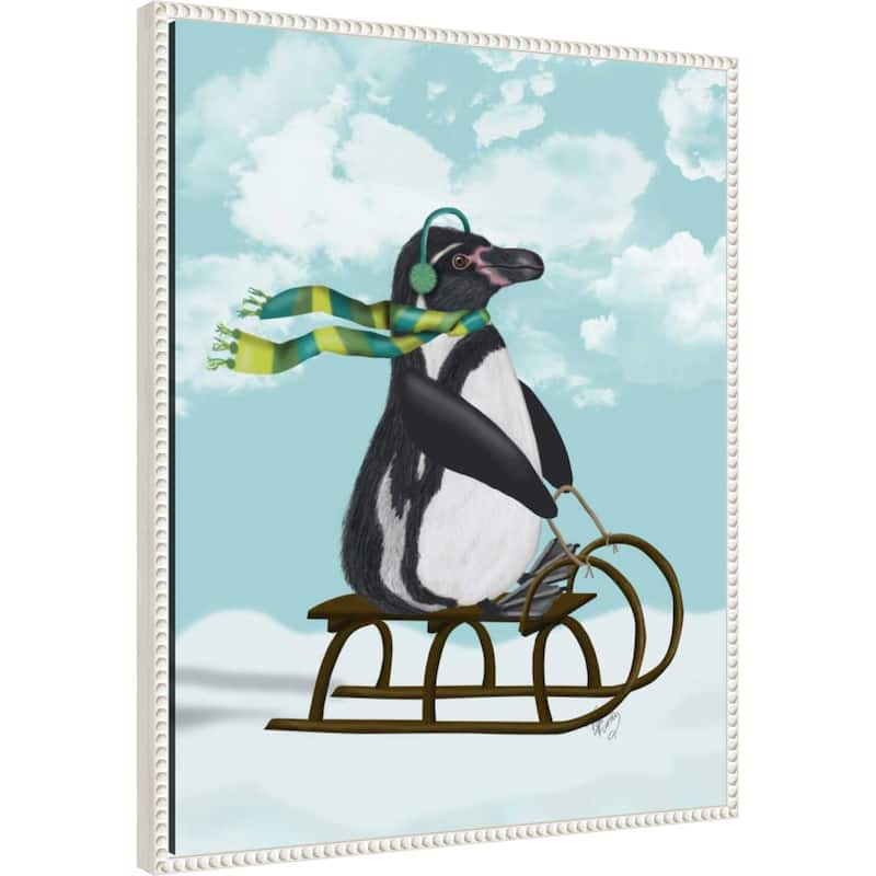 Penguin On Sled by Fab Funky (23 x 28 in.), Framed Canvas Wall Art Print - Sylvie Beaded White