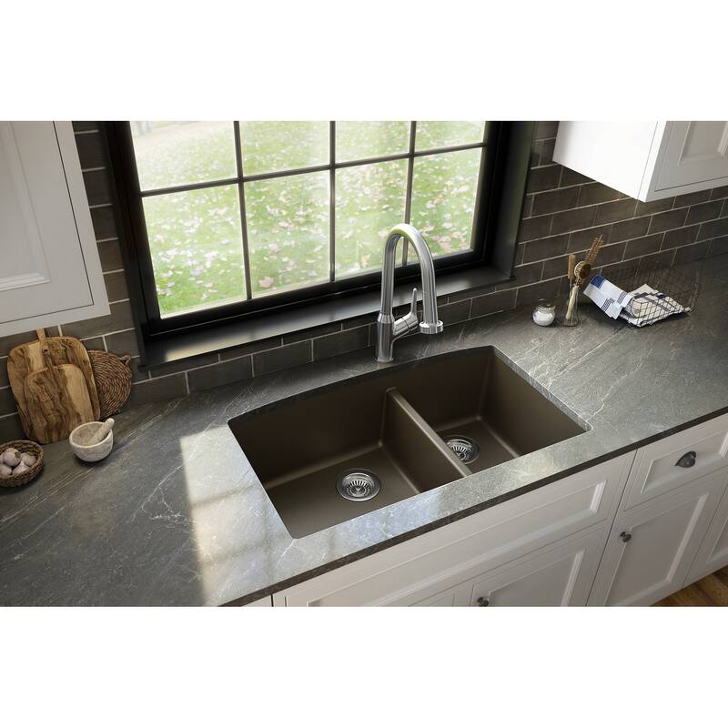 Karran Undermount Quartz 32 in. 60/40 Double Bowl Kitchen Sink Kit