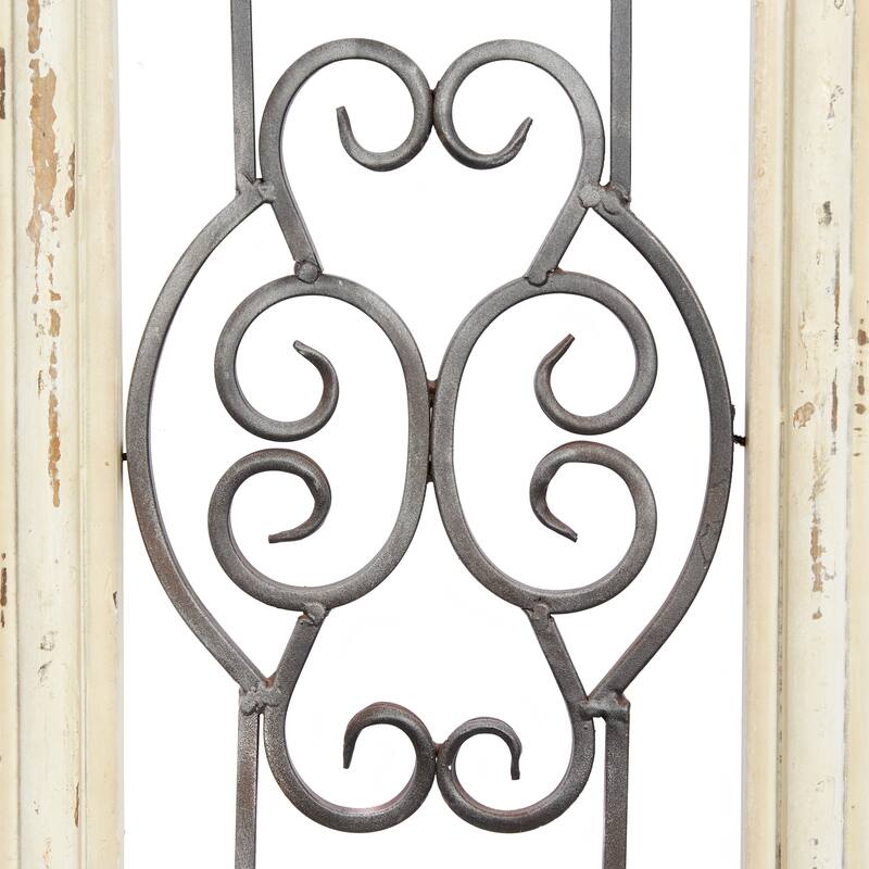 White Wood Small Panel Scroll Home Wall Decor with Black Metal Scrollwork