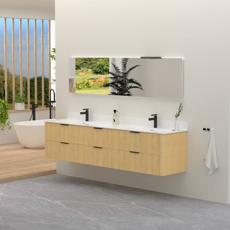 84" Floating Bathroom Vanity with Integrated countertop Rectangular Sink Solid Wood