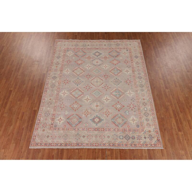 Geometric Kazak Oriental Area Rug Hand-Knotted Home Decor Wool Carpet - 8'1" x 9'10"