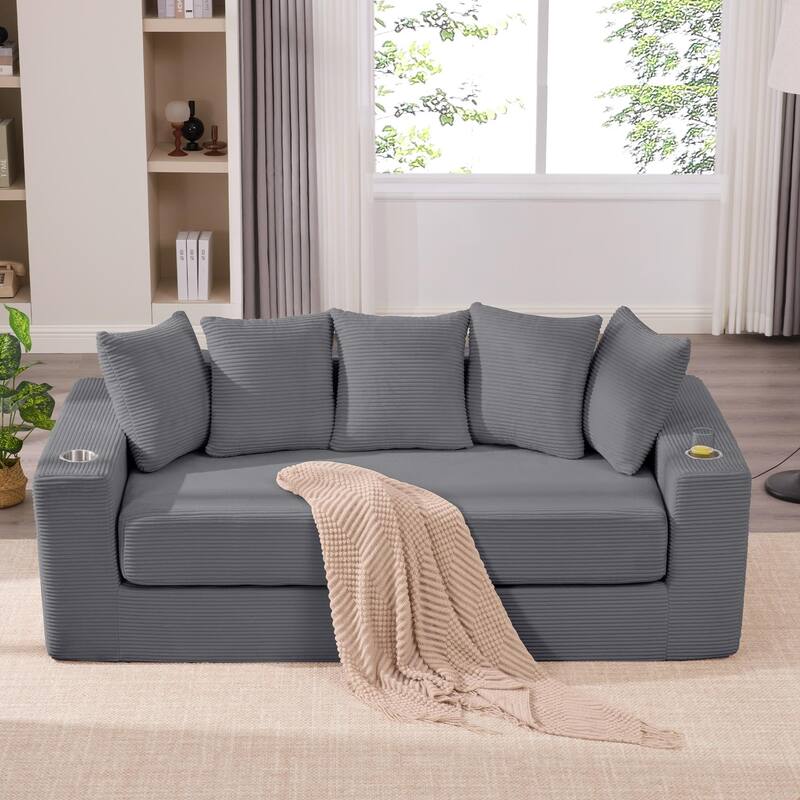 2-in-1 Convertible Sleeper Sofa, Floor Folding Couch, Sofa Bed with Side Pocket, Pull Out Loveseat with Cup Holders