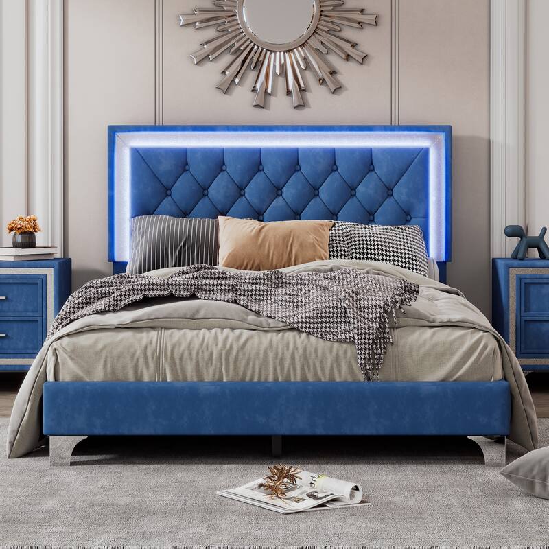 Queen OR Full Size Velvet Upholstered Bed Frame with LED Lights