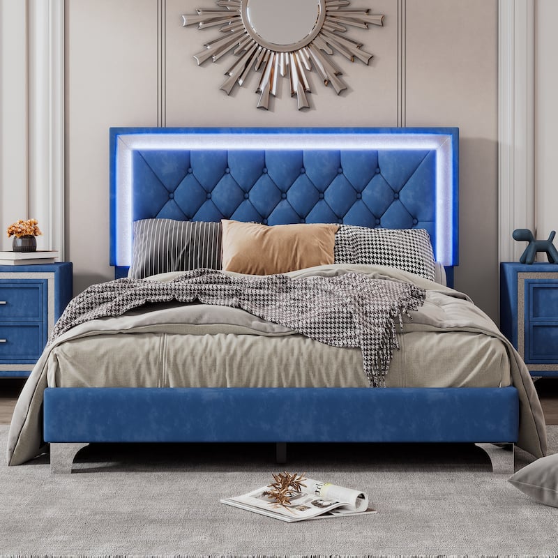 Upholstered Bed Frame with LED Lights