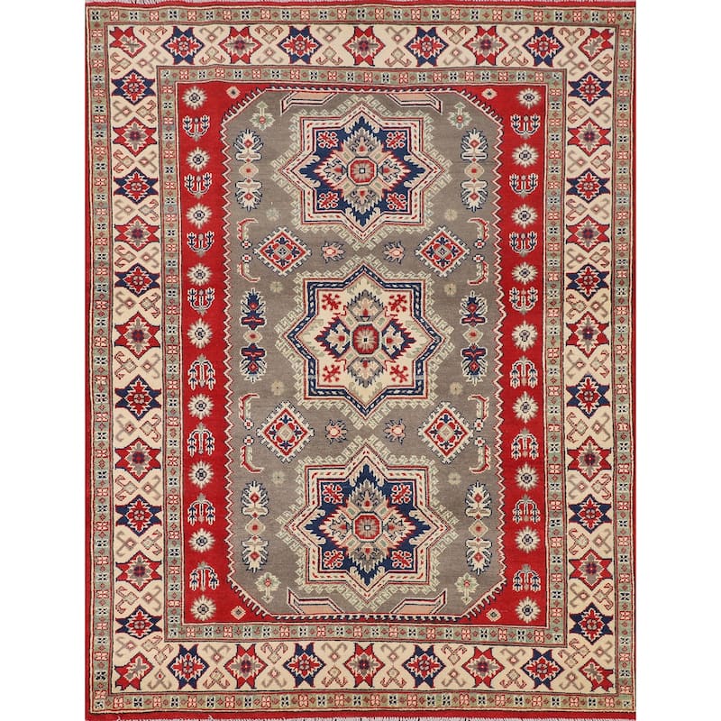 Geometric Kazak Oriental Area Rug Handmade Grey Wool Carpet - 5'0" x 6'6"