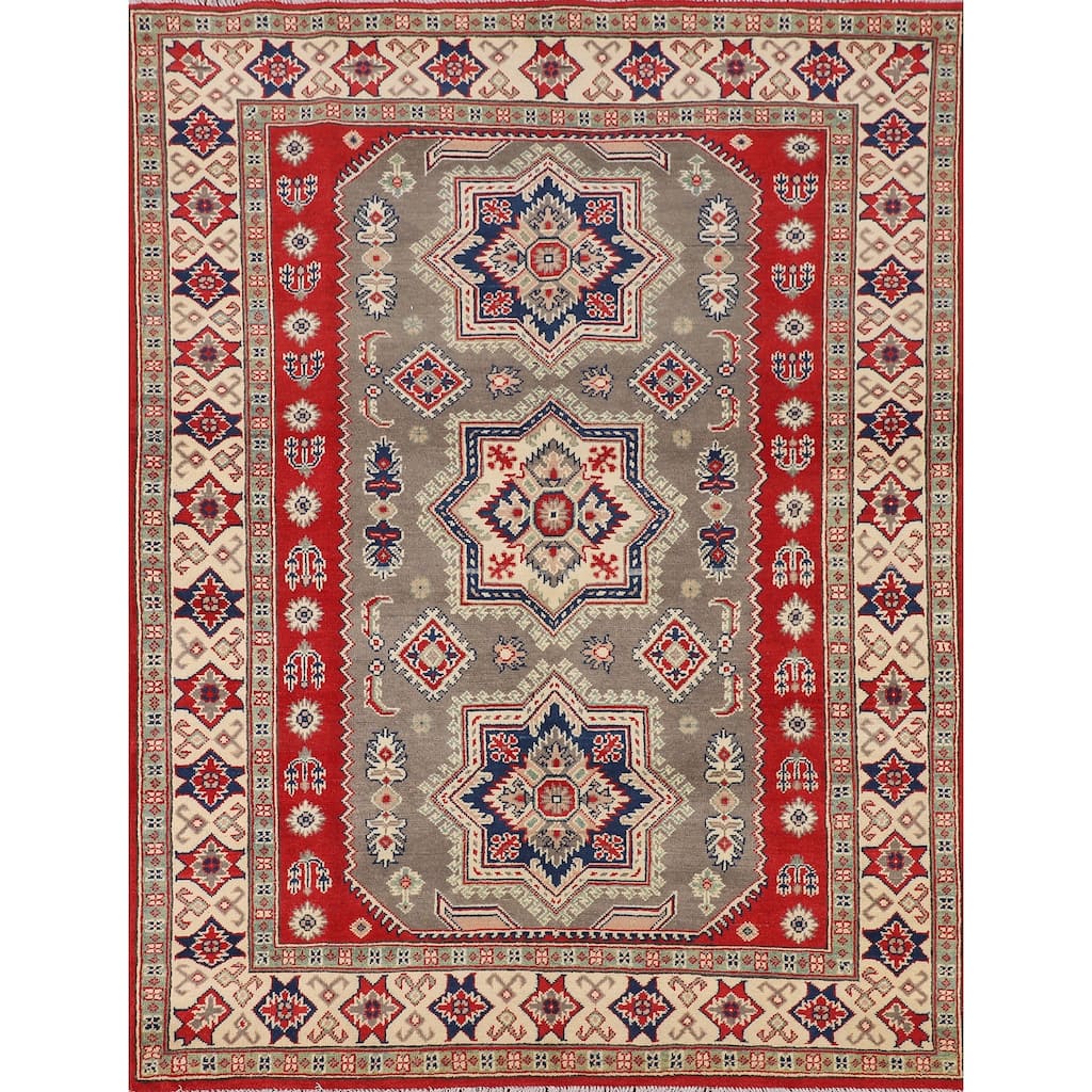 Geometric Kazak Oriental Area Rug Handmade Grey Wool Carpet - 5'0" x 6'6"