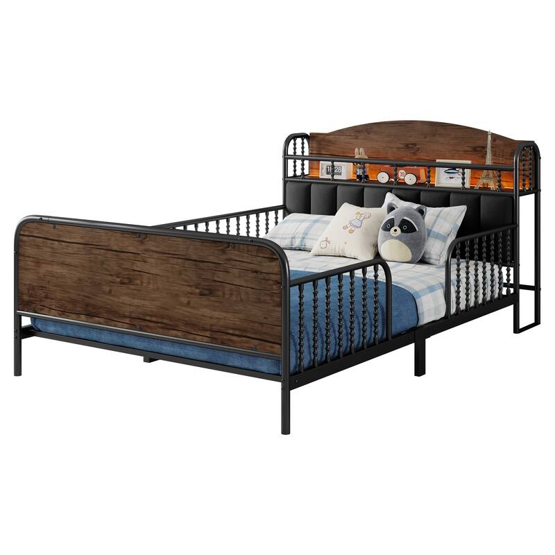 Heavy Duty Metal Platform Bed Frame with Upholstered Headboard, Velvet Headboard with LED Light and Storage Shelves