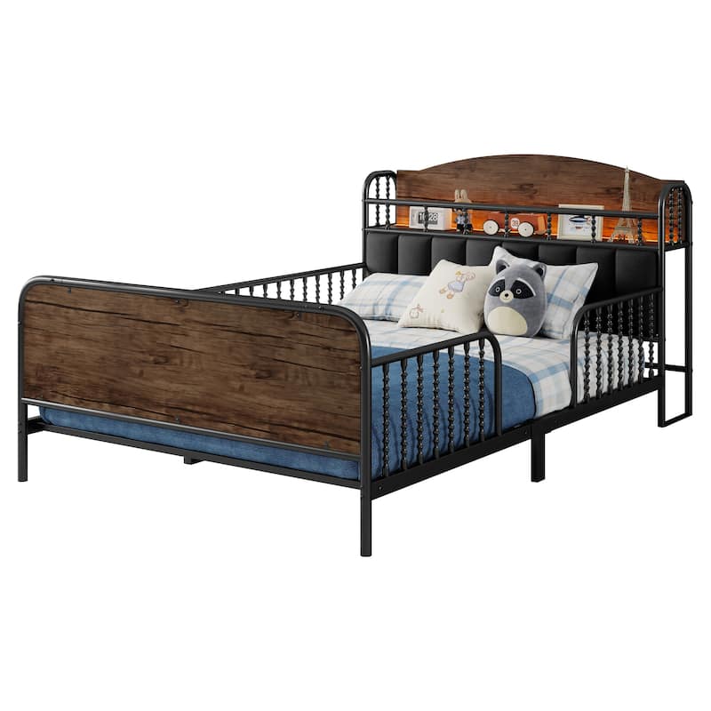 Kids Platform Bed Metal Frame with Linen Fabric Upholstered Storage Headboard Built-in Light Strip, Both Sides Rails