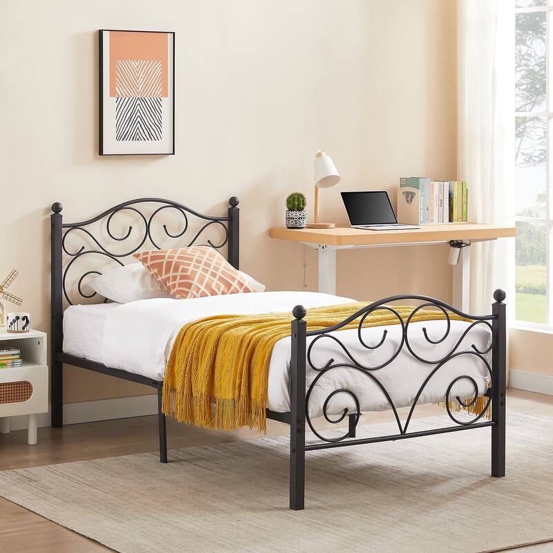 Javlergo 2-Pack Twin Size Victorian Metal Bed Frame for Kids with Headboard & Footboard No Box Spring Needed