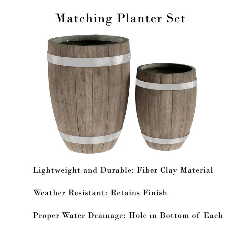 Set of 2 Fiber Clay Planters by Pure Garden - Whiskey Barrel Shape, Dark Gray