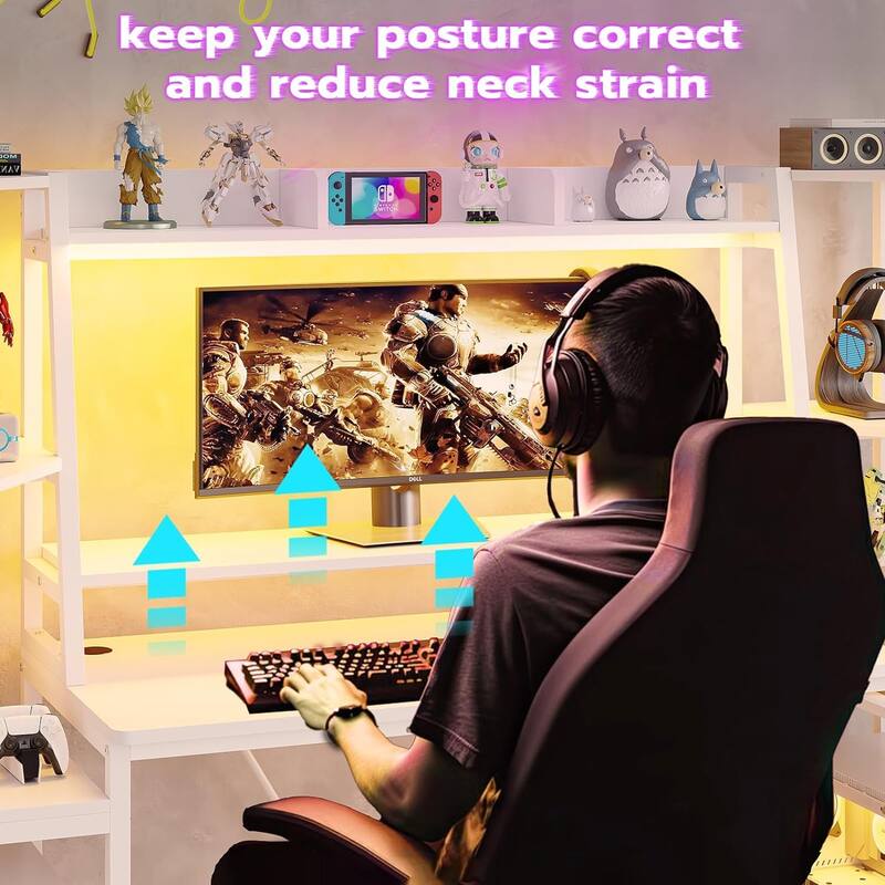 Gaming Desk LED Lights Hutch and Storage Shelves PC Gamer Desk
