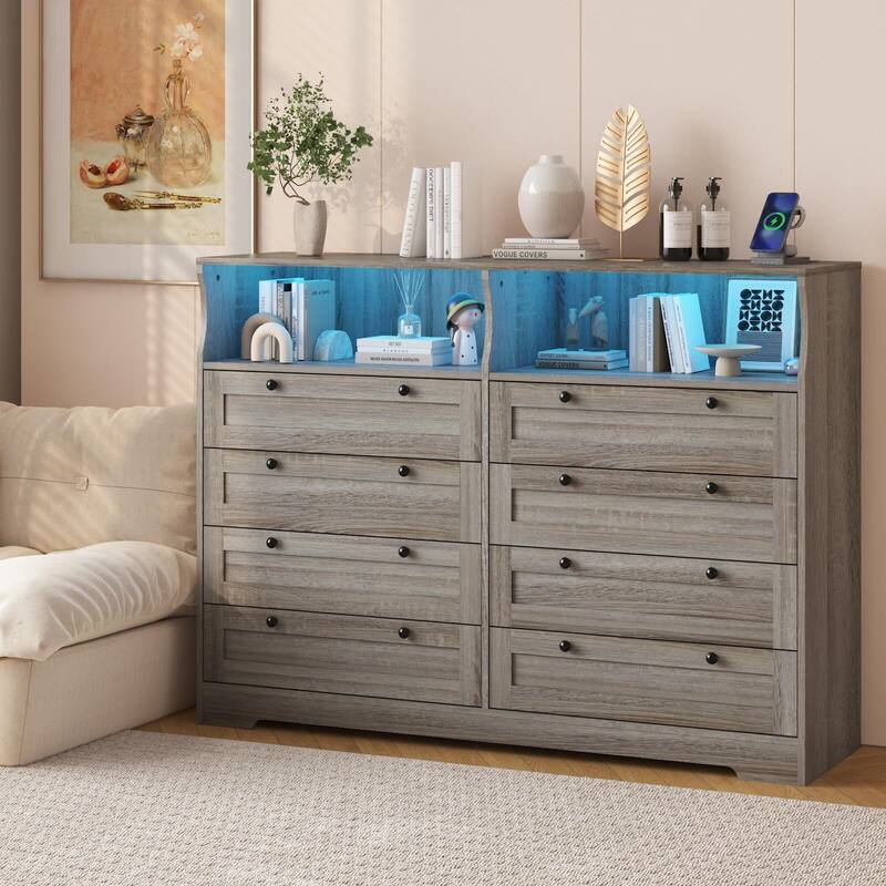 8 Drawers Wooden Dressers for Bedroom Living Room, Hallway, Wood Dressers with Led Lights and Charging Station