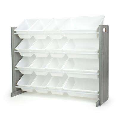 Humble Crew Slate Super Sized Toy Storage Organizer with 16 Storage Bins, Grey Wood Grain/White