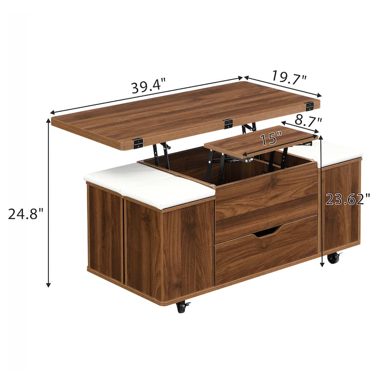 Lift-Top Coffee Table with Hidden Storage & 4 Stools - Multi-Functional Modern Center Table with Casters