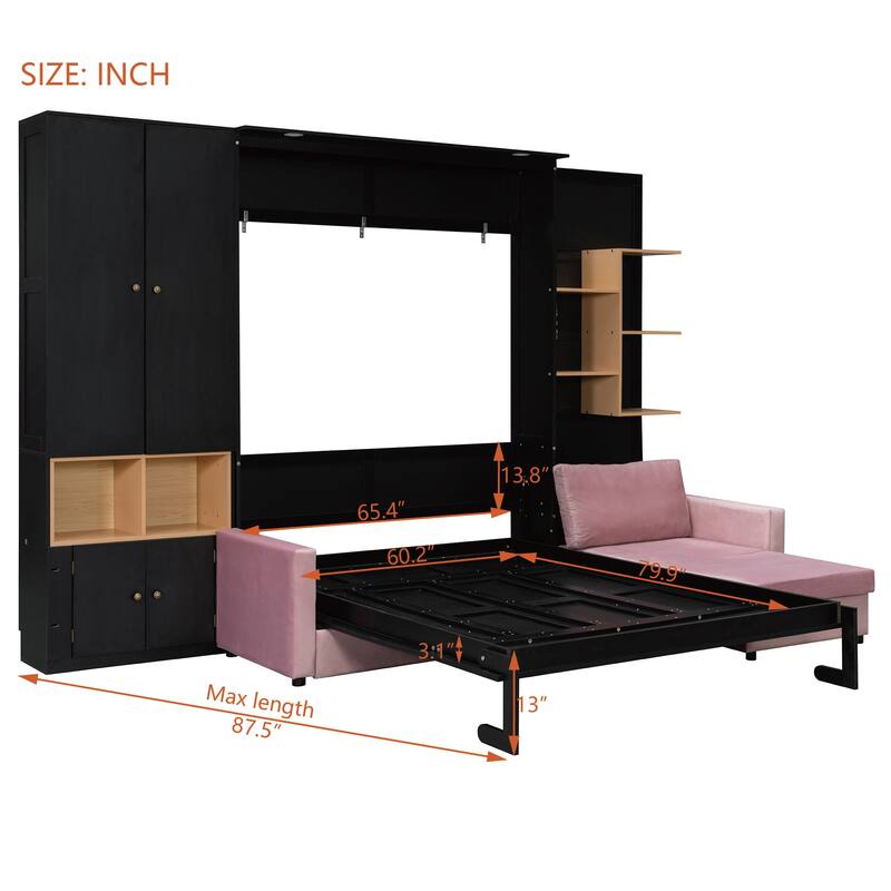 Modern Queen Murphy Bed with Sofa & Storage Shelves, Space-Saving Wall Bed with Integrated LED Lights