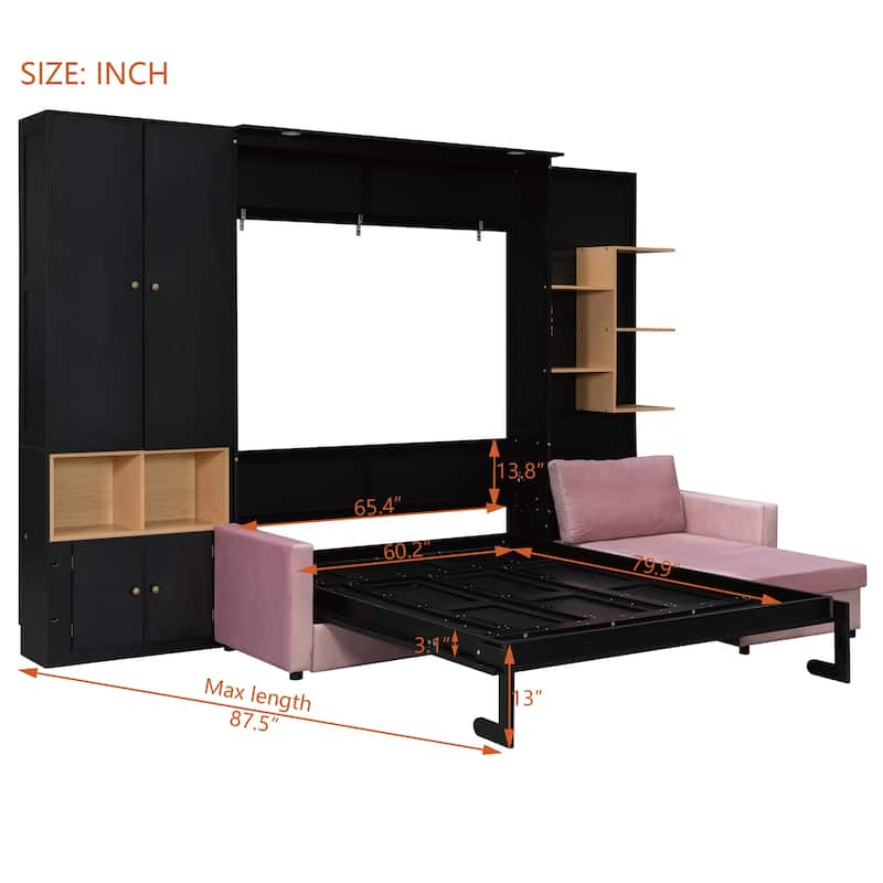 Queen Murphy Bed with Sofa and Cabinets Space Saving Sofa Wall Bed with Open Shelves and Dual Lights for Living Room Guest Room