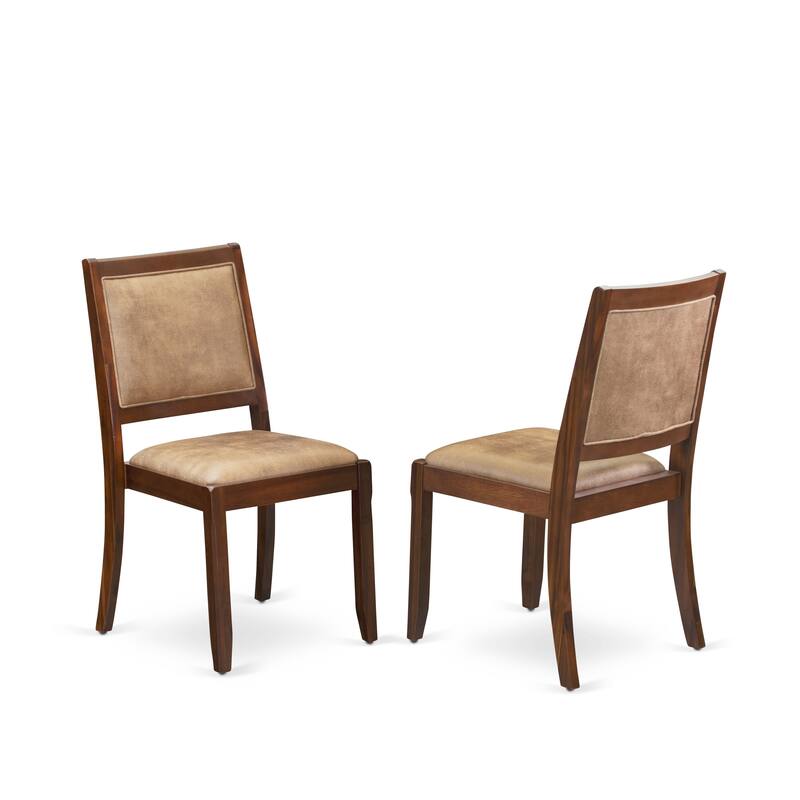 East West Furniture Dining Table Set consists of a square Table and stackable Chair, Antique Walnut (Pieces & Seat Options)
