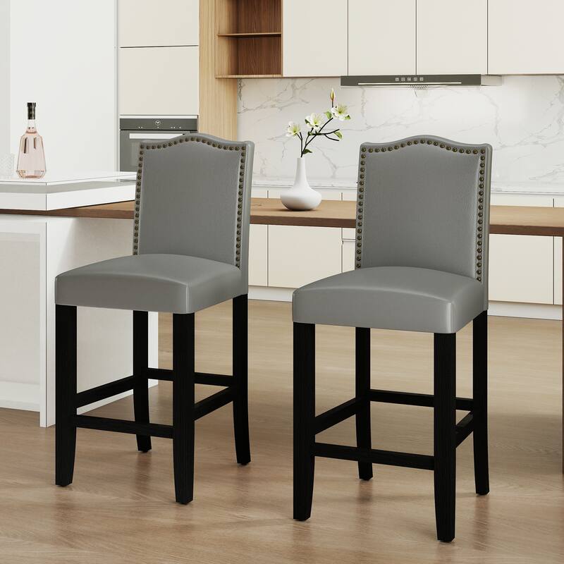 24 Inches Faux Leather Counter Height Bar Stools with Nailhead Trim