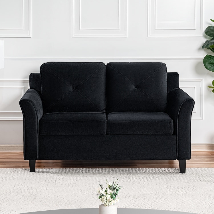 Premium Genuine Leather Loveseat with Deep Plush Seating and Goose Feather Cushions for Ultimate Comfort - Button Tufted, Black,Microfiber