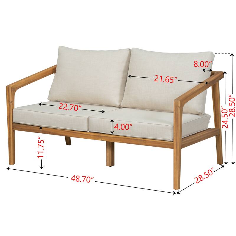 Roomfitters Westin Outdoor Acacia Wood Loveseat with Open Side Design, Teak Finish and Beige Cushions