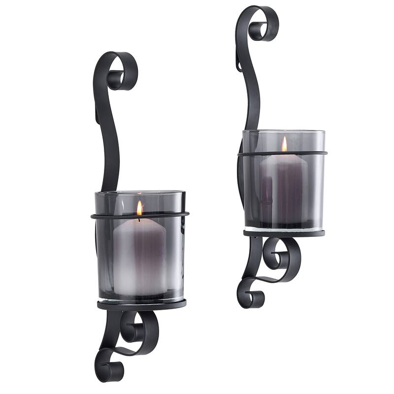 Smoked Glass Wall Sconce Candle Holders - 14.5" - Black - Set of 2