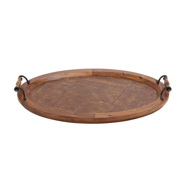 Brown Wood Large Oval Living Room Decor Tray with Scroll Metal Handles