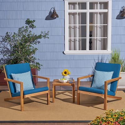 Leah Outdoor 3-piece Acacia Wood Chat Set with Cushions by Christopher Knight Home