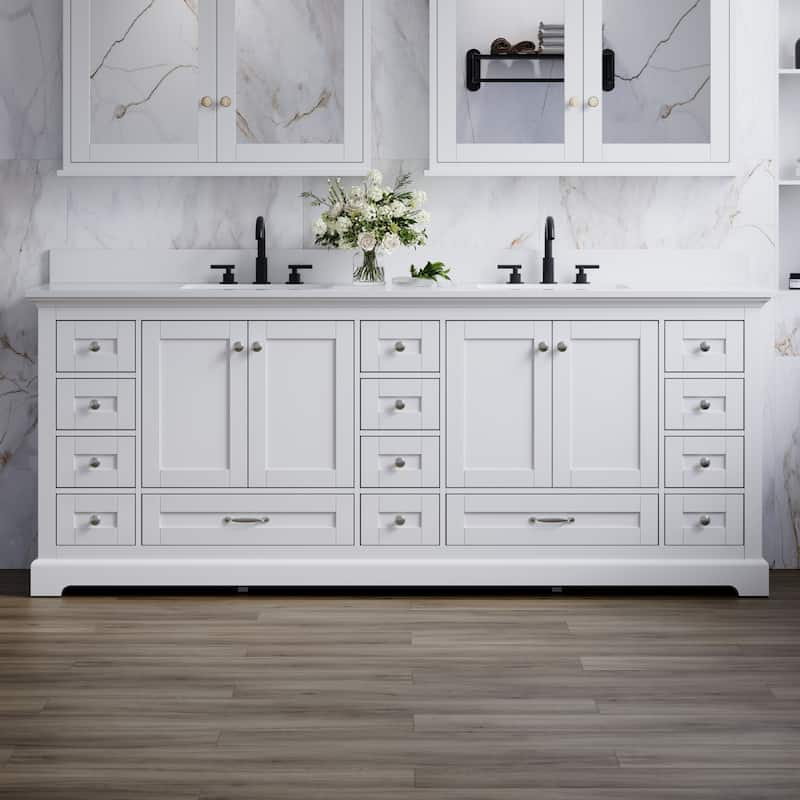 84''W Solid Wood Frame Bathroom Vanity With Pure White Culutered Marble Countertop And Double Sink