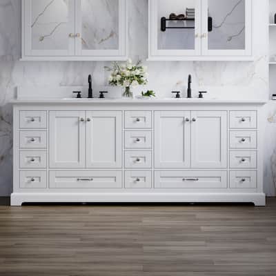 84''W Solid Wood Frame Bathroom Vanity With Pure White Culutered Marble Countertop And Double Sink