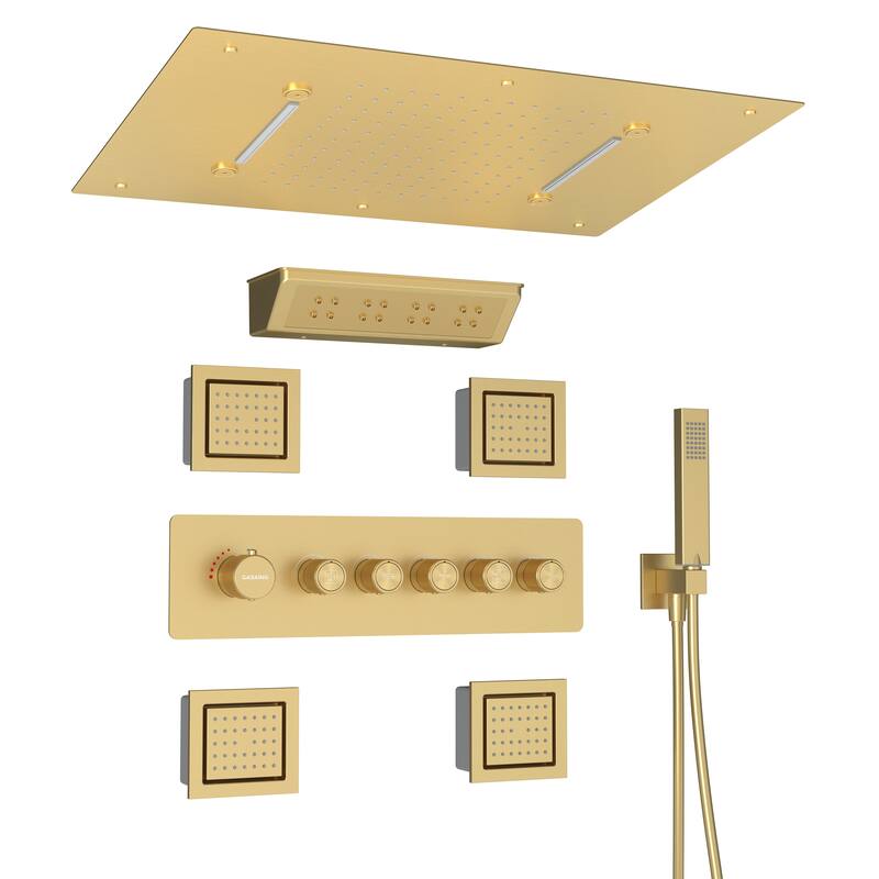 5-Spray Thermostatic Shower System, Luxury Anti-Scald 16 in. Fixed and Handheld Shower Head with Body Jets, Valve Included - Brushed Gold - 16" x 24"