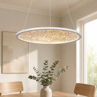 Modern 1-Light White Round LED Chandelier Minimalist Pendant Lights for Dining Room - 17.5" D x 61.5" H