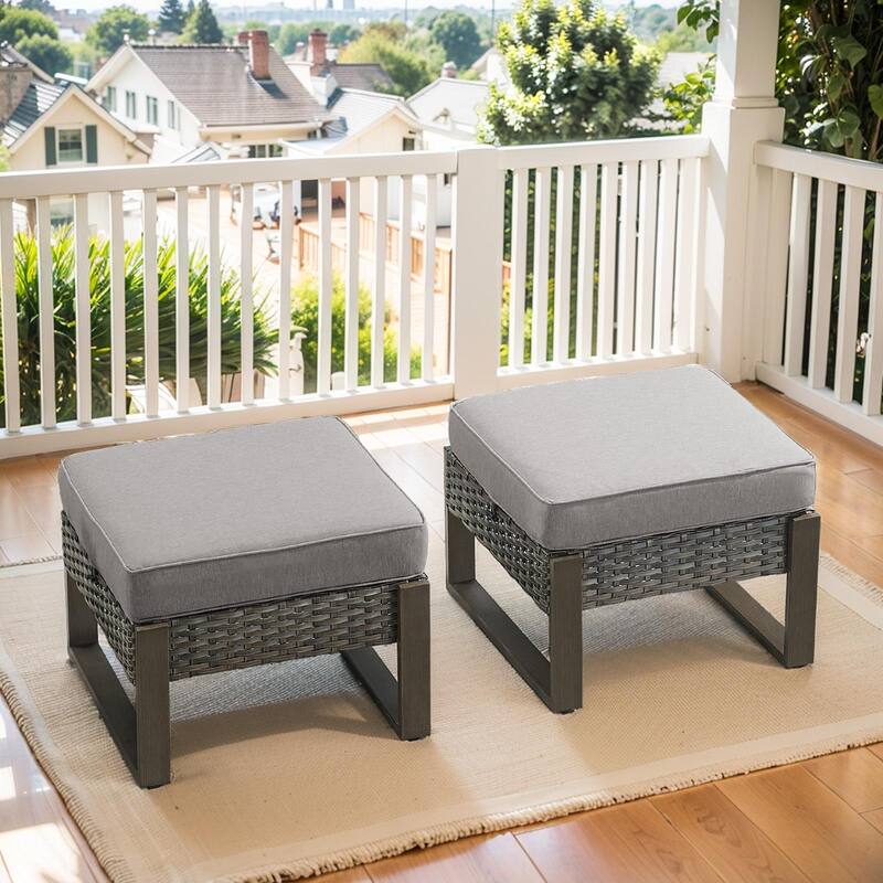 Outdoor PE Rattan Footrest with Soft Cushion - Grey - Grey - Grey