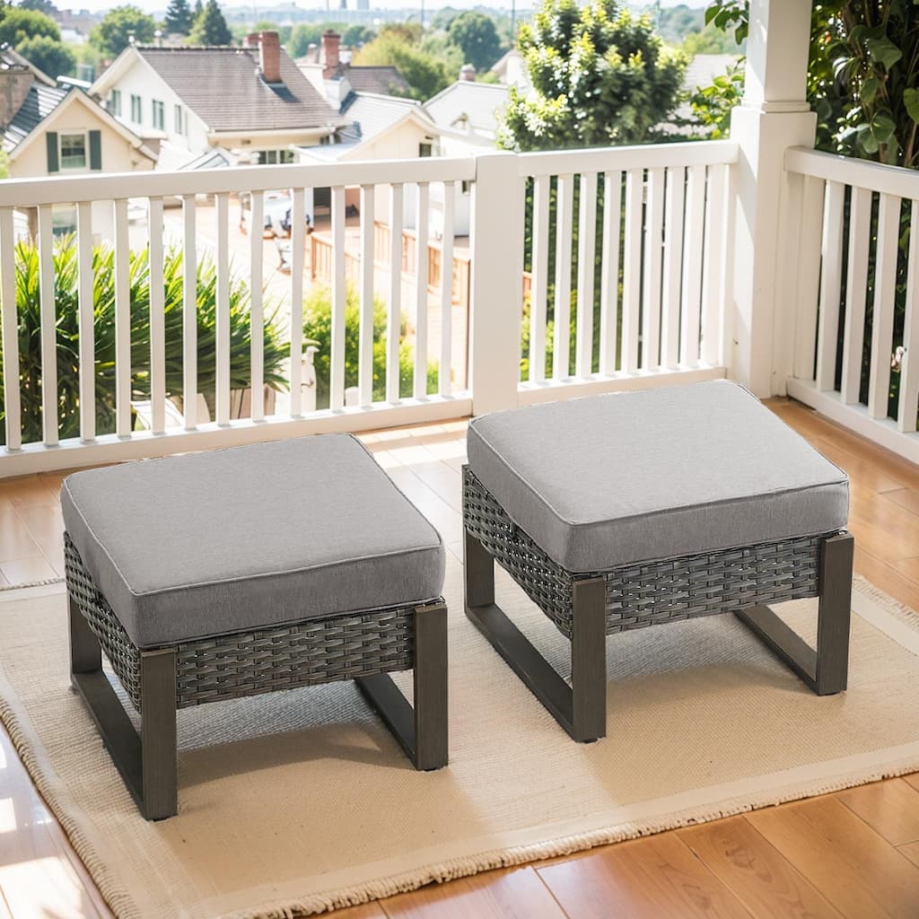 Outdoor PE Rattan Footrest with Soft Cushion - Grey