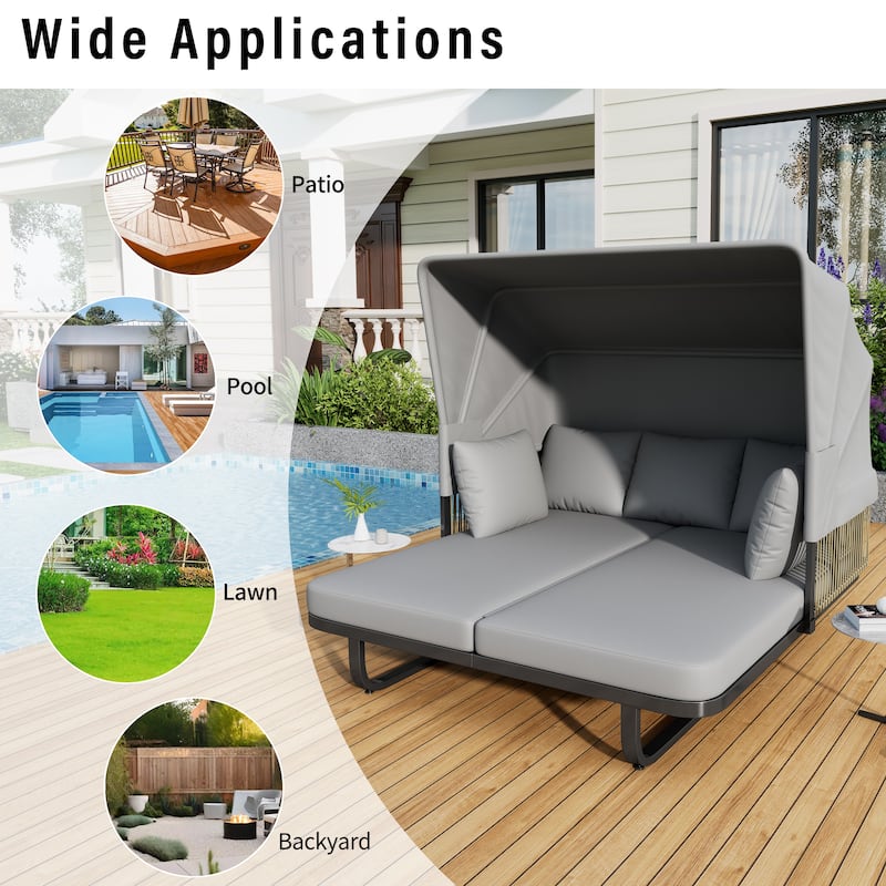 57" Outdoor Patio Daybed Rattan Daybed with Detachable Pillows