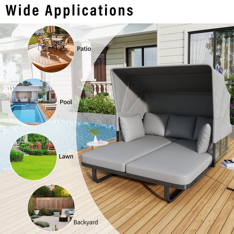 57" Outdoor Patio Rattan Daybed Sunbed with Retractable Canopy and Pillows